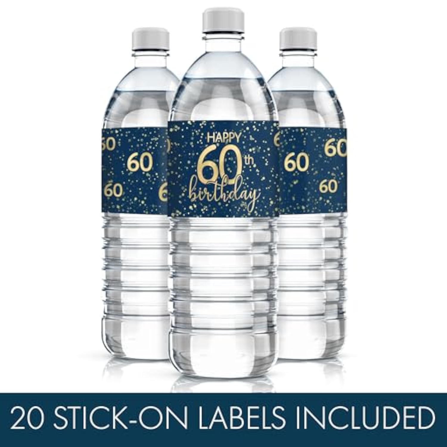 Navy Blue And Gold 60Th Birthday Party Water Bottle Labels - 20 Count, 60Th Birthday Decorations
