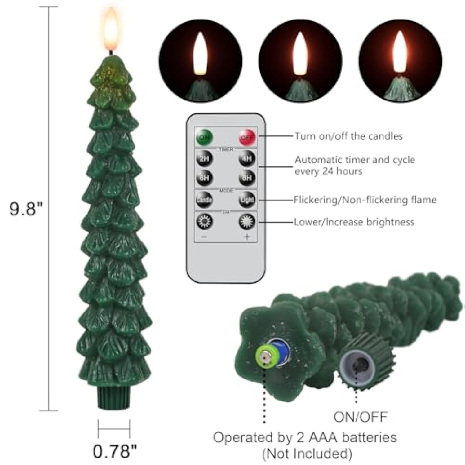 Christmas Tree Flameless Taper Candles Battery Operated With 10-Key Remote And Timer Real Wax Led Taper Candles 3D Wick Flickering Lifelike Leaves Dinner Xmas Holiday Decoration Set Of 4