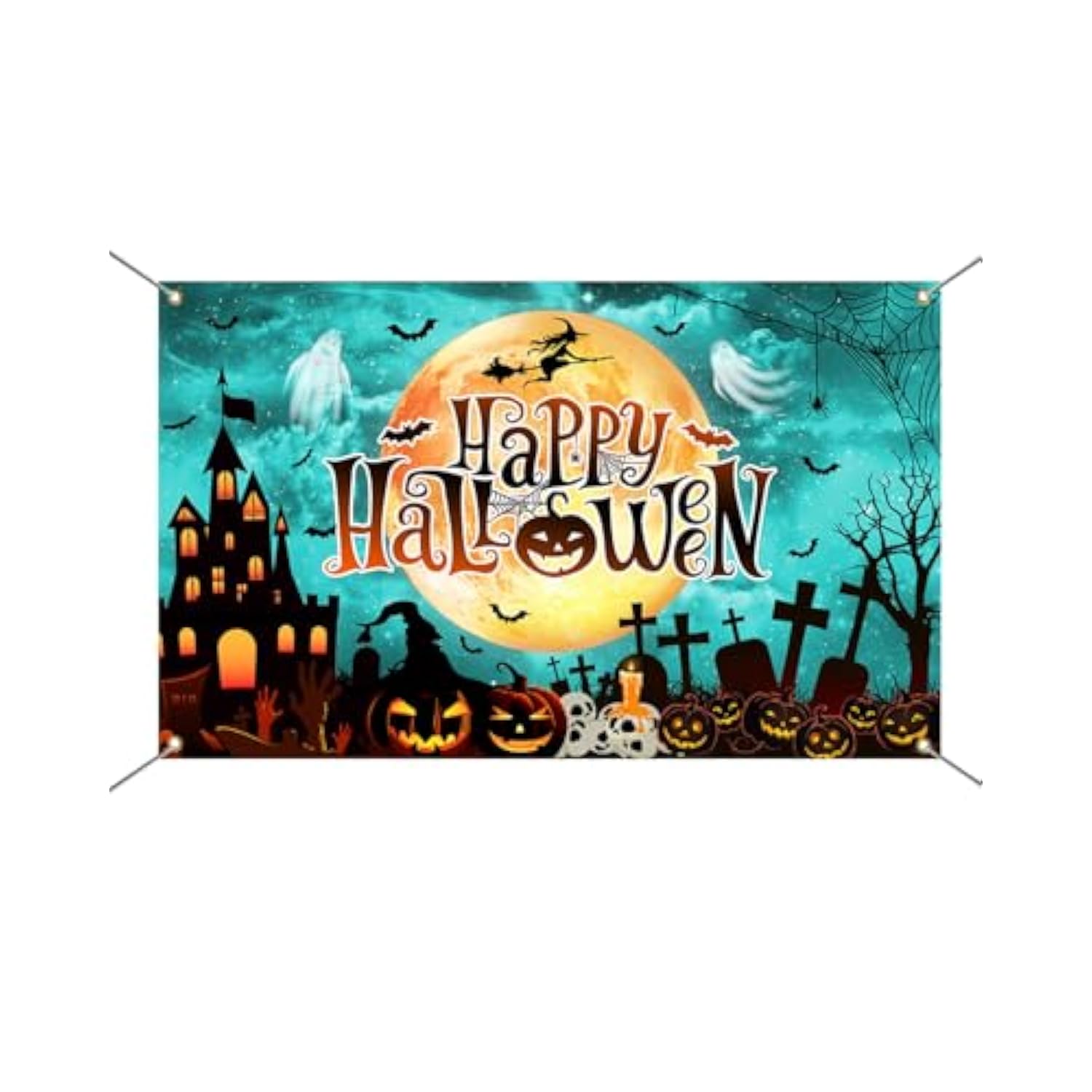 Happy Halloween Backdrop Banner Pumpkin Moon Witch Castle Party Decoration Blue