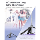 53'' Selfie Stick Tripod With Light, Extendable Selfie Stick With Remote, Portable Cell Phone Tripod Stand With All In 1 Phone Clip, Lightweight Camera Tripod Compatible With Iphone 15 14 13, Android