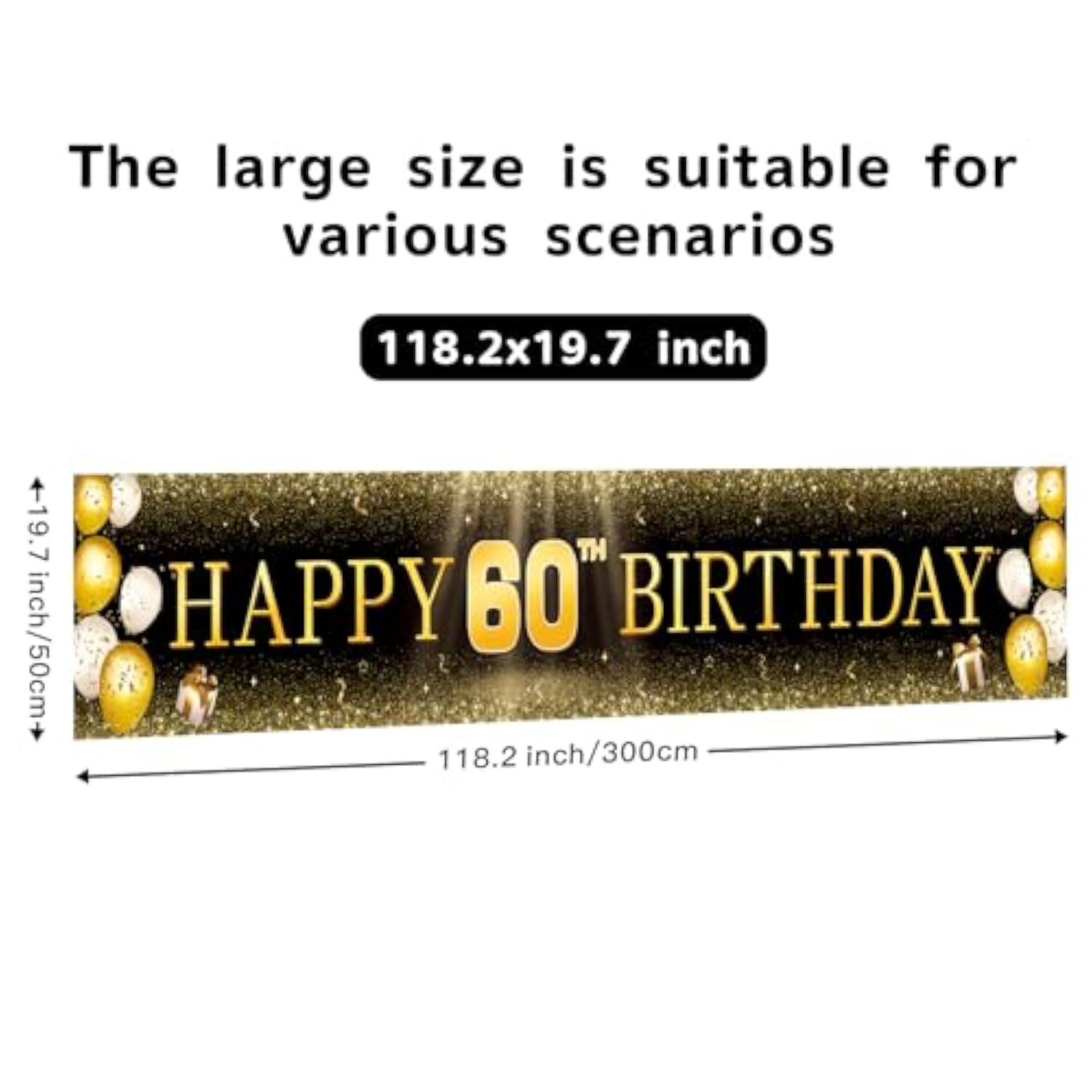 Black & Gold 60Th Birthday Banner Decorations - Extra Large 118"X20" Reusable Yard Sign For Men & Women, Over The Hill Party Decor Indoor Outdoor, Diamond Jubilee Celebration