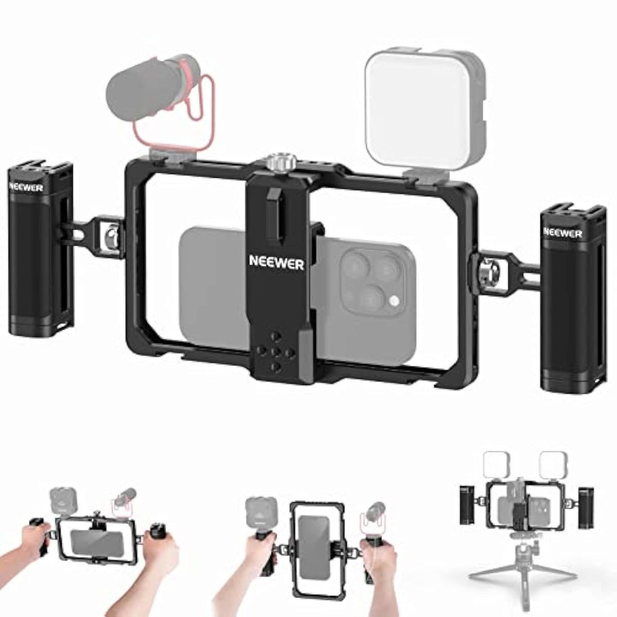 NEEWER Upgraded Phone Rig Vlogging Kit, Video Stabilizer with Dual Handle, Wireless Mic Clip Slot for Tiktok/YouTube, Compatible with SmallRig iPhone 16 15 14 Pro Max Plus 13 Galaxy S23, PA009