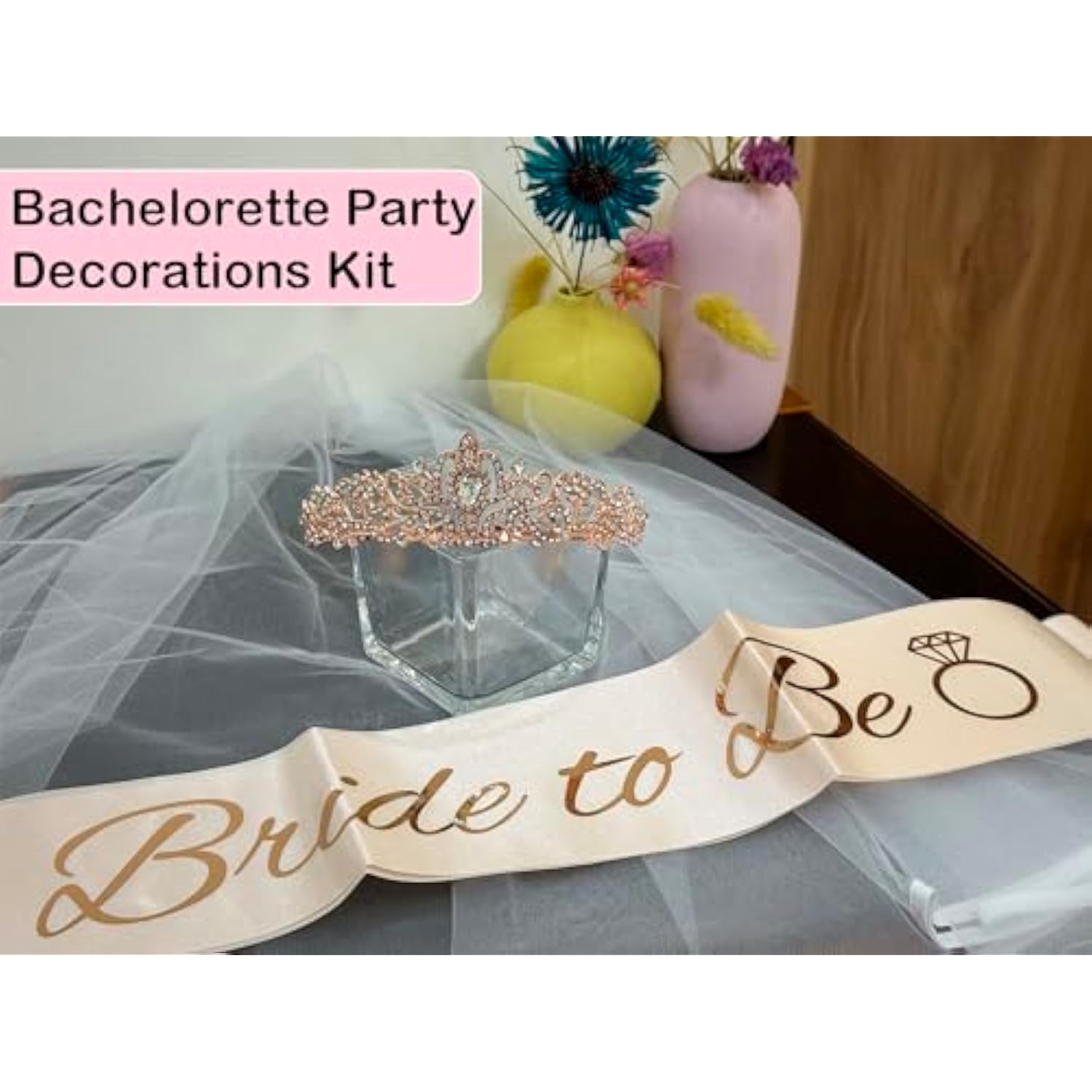 Rose Gold Bachelorette Party Set: Bride Crown, Veil & Sash