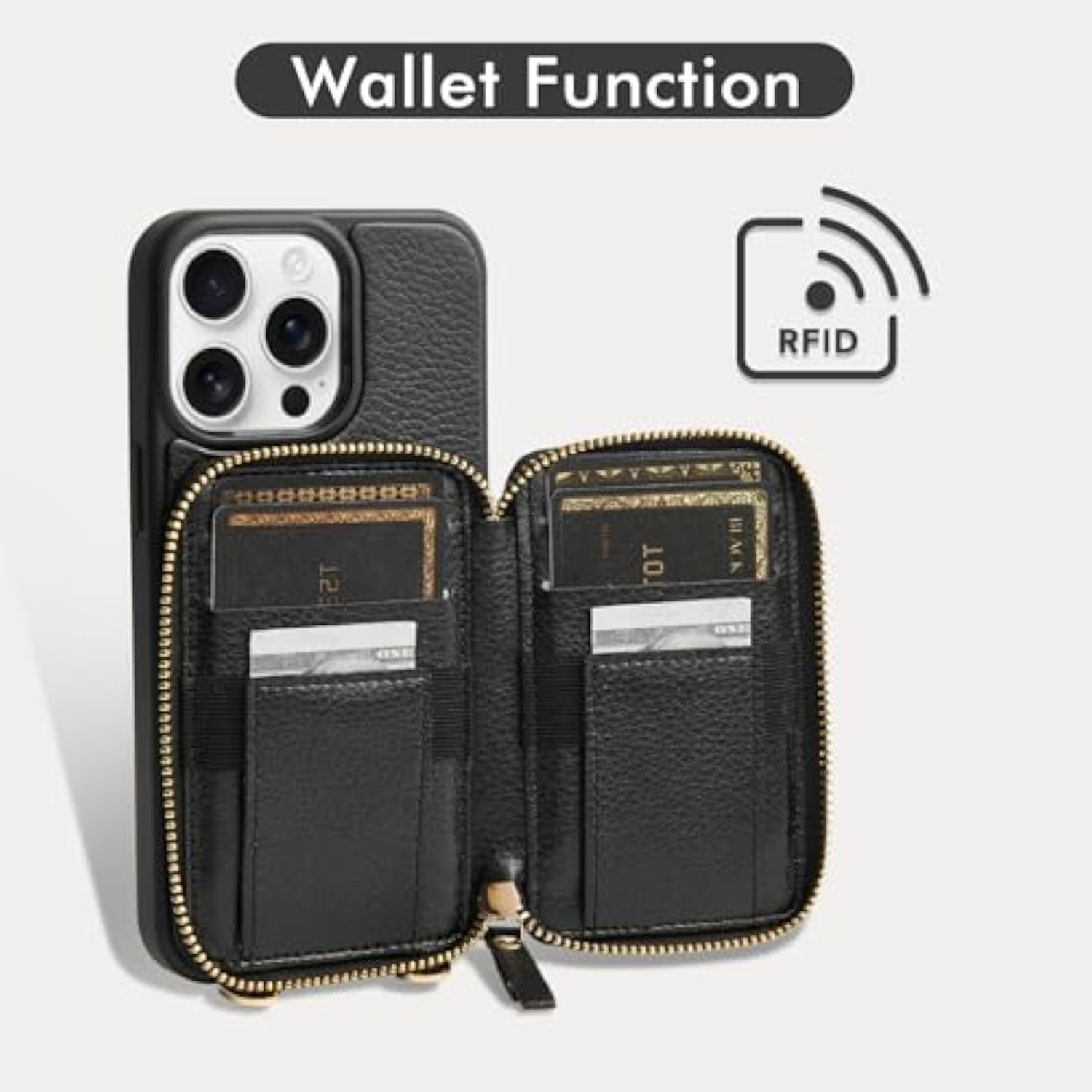 For 12 Pro Max Crossbody Wallet Case, Zipper Phone Case With Card Holder Wrist Strap For Women, Rfid Blocking Purse Cover For 12 Pro Max, 6.7 Inch, 2020-Black