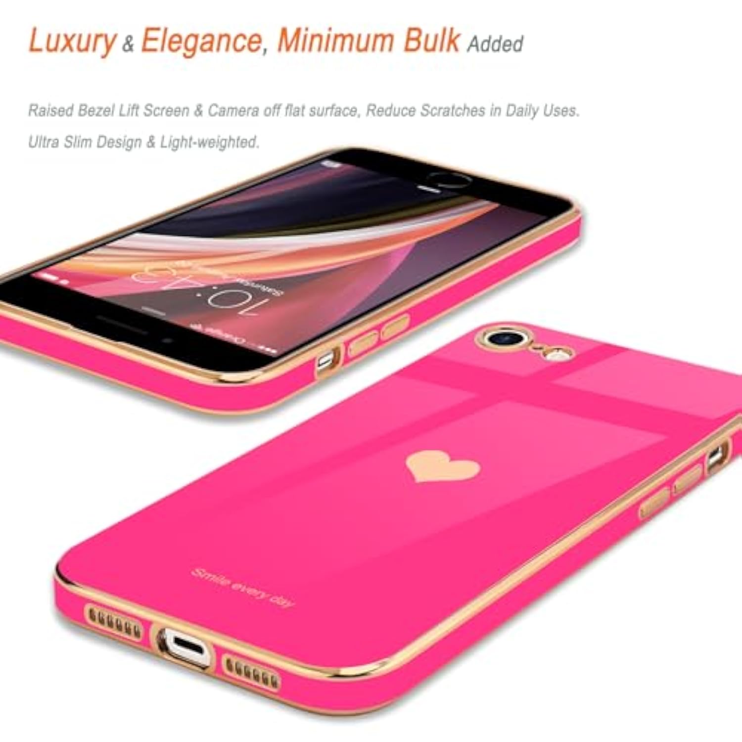 For Iphone Se 2020/2022 Case, For Iphone 7 Case, For Iphone 8 Phone Case For Women Girl Cute Love-Heart Luxury Bling Soft Cover Camera Protection Bumper Silicone Shockproof Case, Hot Pink