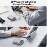 Laptop Power Bank 65W 20000Mah Portable Charger With Built-In Usb-C Cable, 3-Port Fast Charging Battery Pack For Macbook Iphone 16/15 Series Android Switch Travel Essential Silver
