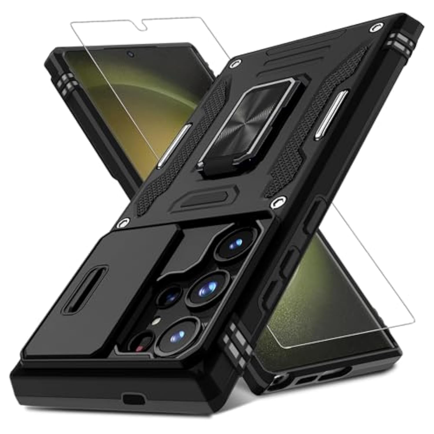 Case For Samsung Galaxy S24 Ultra With Slide Camera Cover+Screen Protector (1 Pack), Rotated Ring Kickstand Grade Shockproof Protective Cover-Black