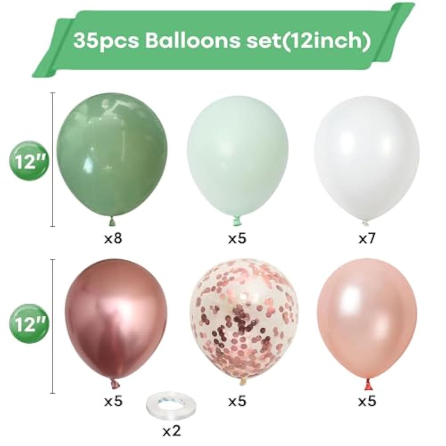 35 Pcs Sage Green & Rose Gold Balloons, Confetti Metallic for Parties and Shower
