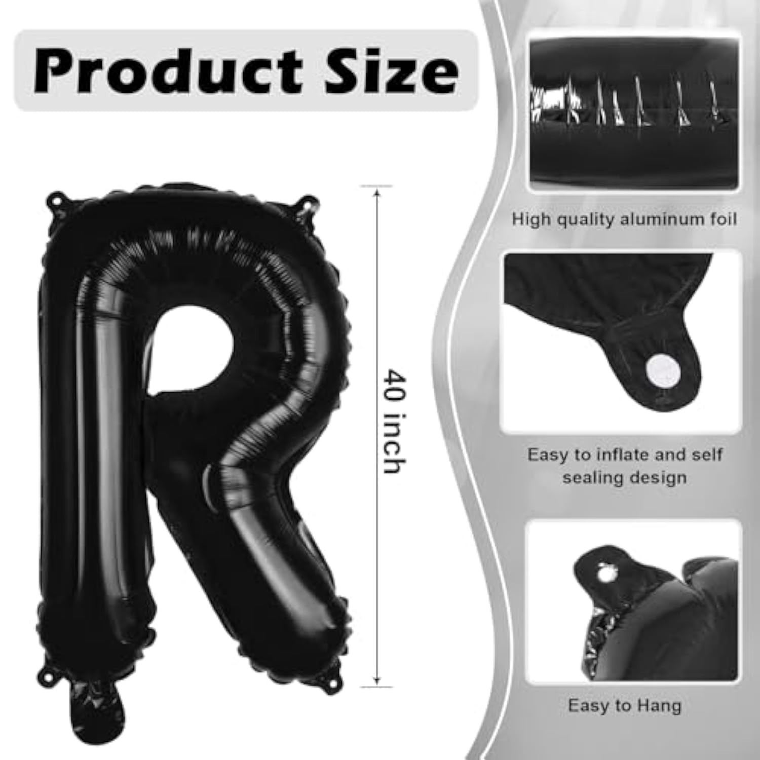 Black Letter R Balloons, 40 Inch Large Foil Letter Balloons, Custom Phrase Balloon For Birthday Party Wedding Anniversary Decoration (Black R)