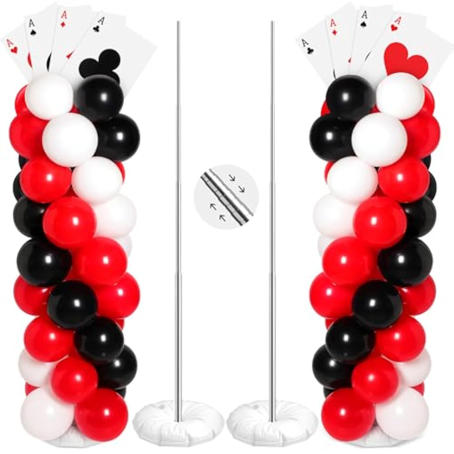 2 Sets Casino Theme Party Decoration Adjustable Poker Themed Balloon Column Stand Kit 8 Pcs Jumbo Poker Cards 129 Pcs Balloon Set For Las Vegas Game Night Birthday Party Supplies(Red Black And White)
