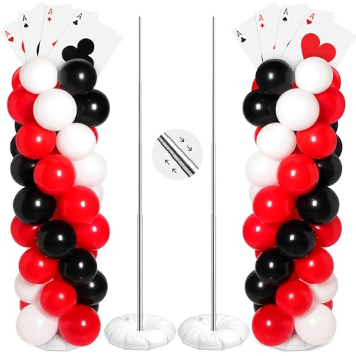 2 Sets Casino Theme Party Decoration Adjustable Poker Themed Balloon Column Stand Kit 8 Pcs Jumbo Poker Cards 129 Pcs Balloon Set For Las Vegas Game Night Birthday Party Supplies(Red Black And White)