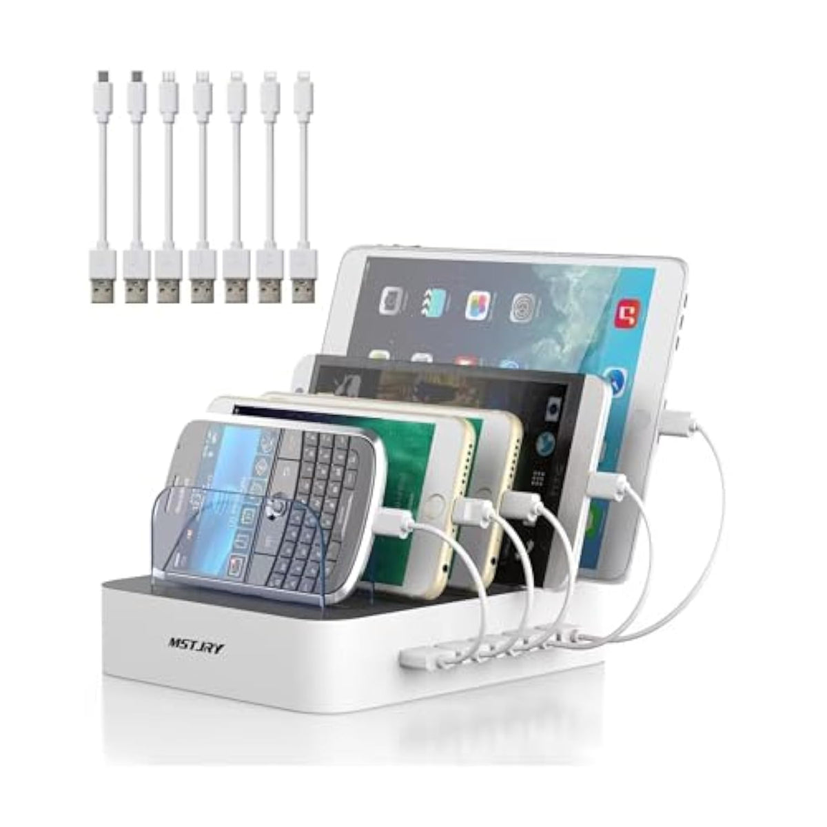 Charging Station For Multiple Devices : 5 Port Multi Usb-A Charger Stations Multi-Device Organizer Charging Dock Designed For Iphone Ipad Cell Phone Tablets (7 Short Cables Included)