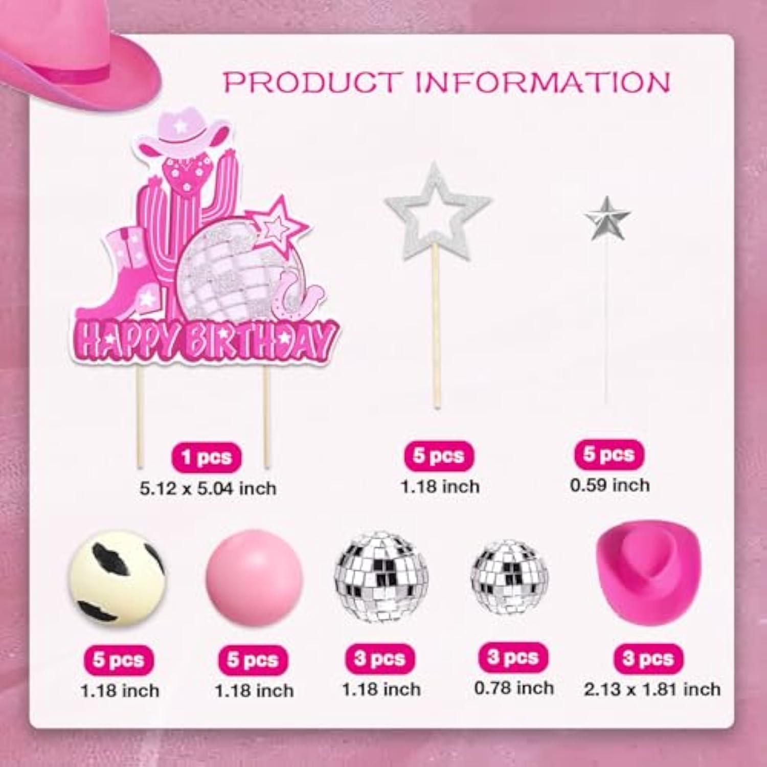 30Pcs Cowgirl Cake Topper Western Cowgirl Hat Boot Happy Birthday Cake Decorations With Silver Stars Disco Balls Pearl Ball For Hot Pink Girl Cowboy Western Theme Birthday Baby Shower Party Supplies