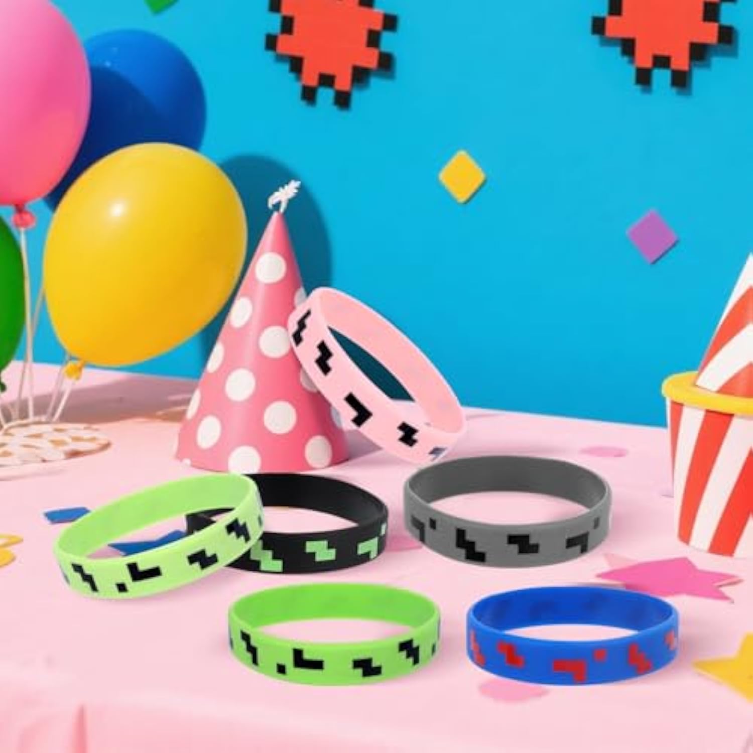 30Pcs Pixel Silicone Bracelets, Pixel Theme Party Favors Funny Game Themed Wristbands For Birthday Party Celebration Decorations Supplies