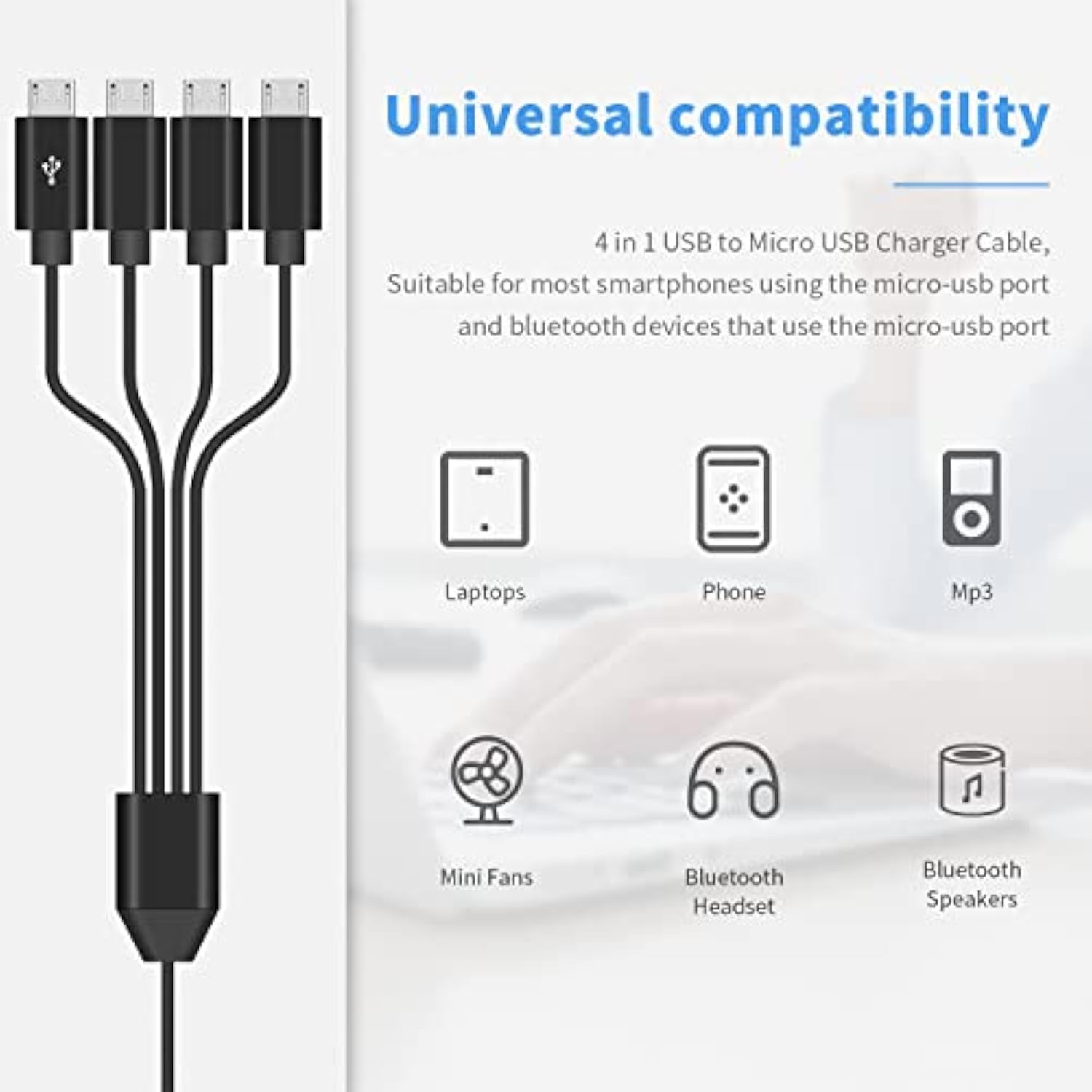 Micro Usb Multi Charging Cable 1.5Ft, Micro Usb Splitter Cable, Usb2.0 Type A