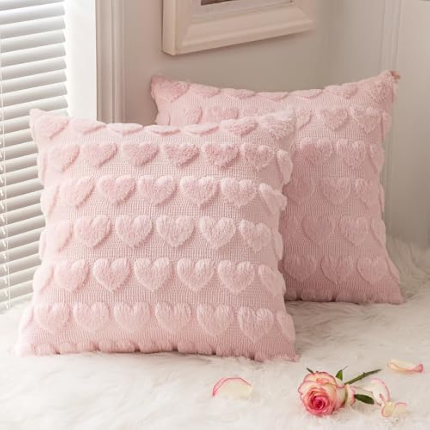 Valentines Pillow Covers 18X18 Inch Set Of 2 Valentines Day Light Pink Heart Love Decorative Cute Soft Plush Faux Fur Throw Pillows For Girl Bedroom Couch Sofa Holiday Home Decor