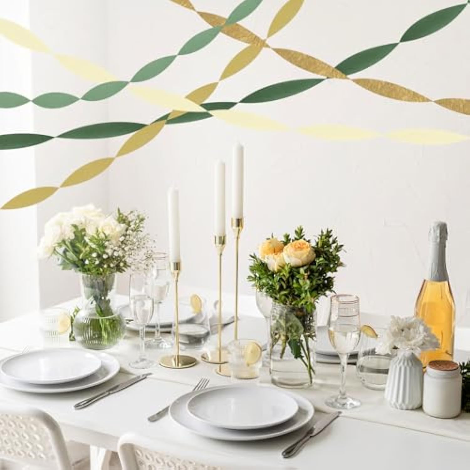 5 Rolls Green & Gold Crepe Paper Streamers for Wedding, Shower, Party Decor