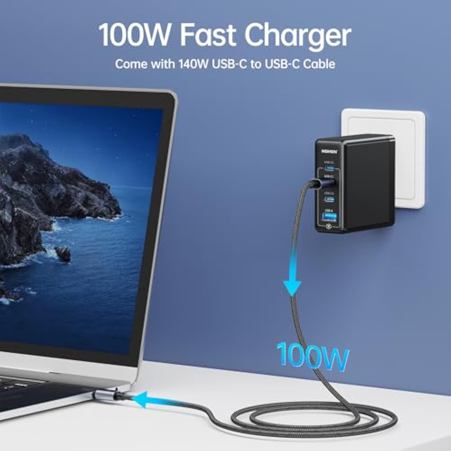 Usb-C Fast Charger Adapter: 100W Pd 3.0 Gan Wall Block | Foldable Plug With 140W Pd3.1 Type-C Cable 3.93Ft | 3-Port Compatible With Macbook Pro Ipad Laptop Iphone 12 13 14 15 Galaxy S23