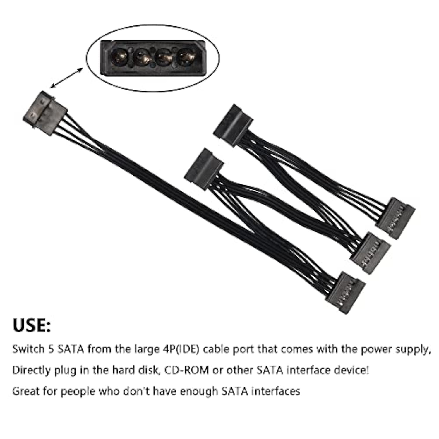 Ide To Sata Power Splitter Cable, Lp4 4 Pin Male To 5 Sata Female Power Extens
