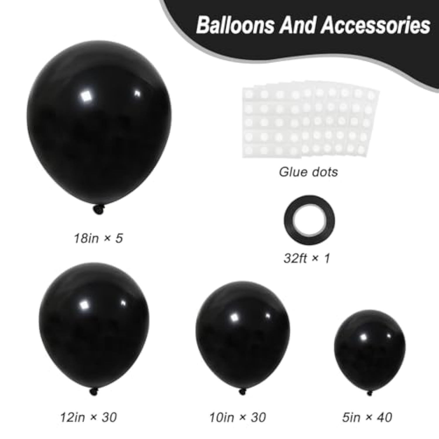 105PCS Black Balloon Kit in 4 Sizes for Arches, Birthdays, Weddings, New Year & Holidays
