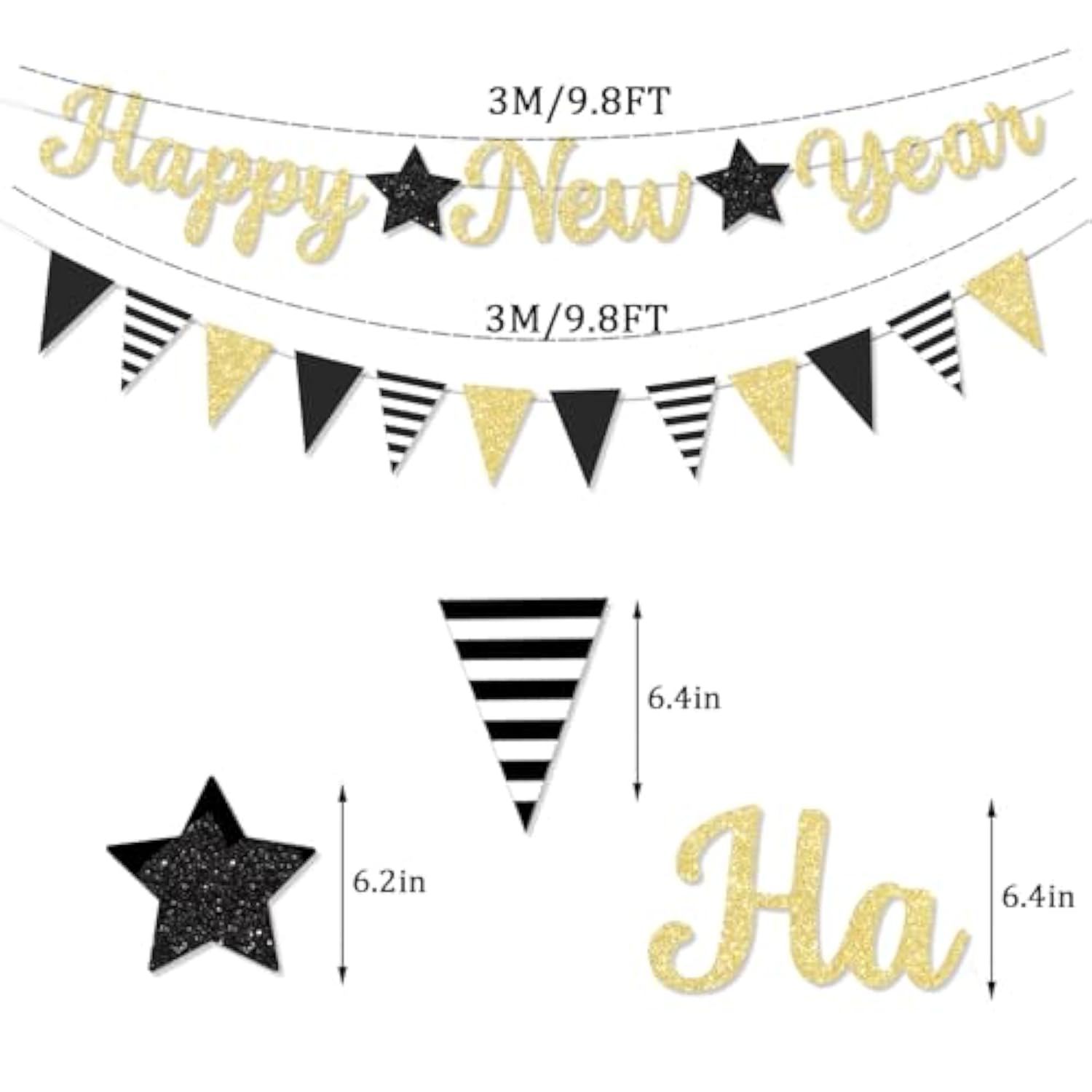 Glitter Happy New Year 2026 Gold Banner for New Year Eve Party Decorations