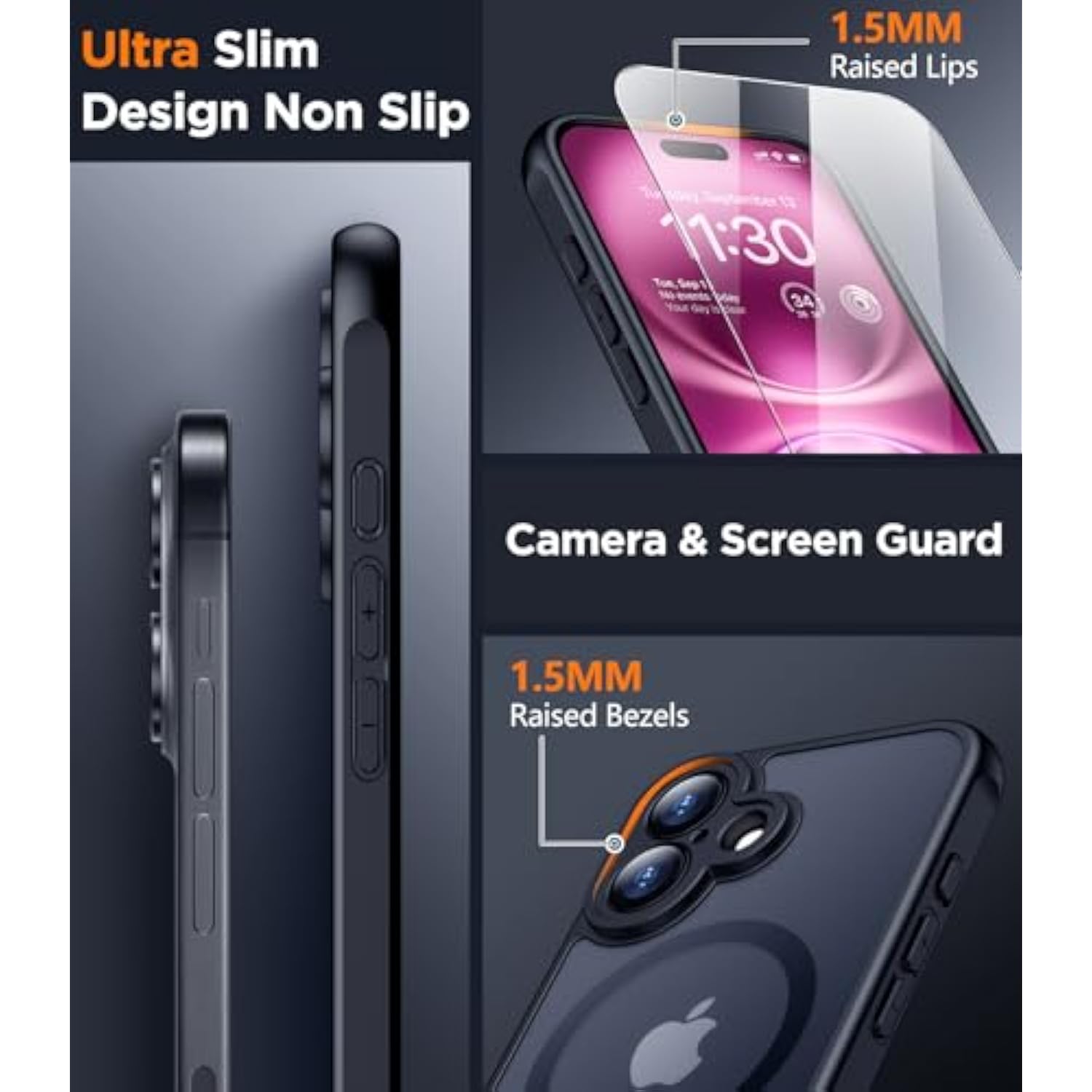 Designed For Iphone 16 Case, Magnetic Translucent [2+Full Coverage Tempered Glass Screen Protector] [Full Camera Protection] Anti-Fingerprint Anti-Scratch For Iphone 16 6.1”, Black
