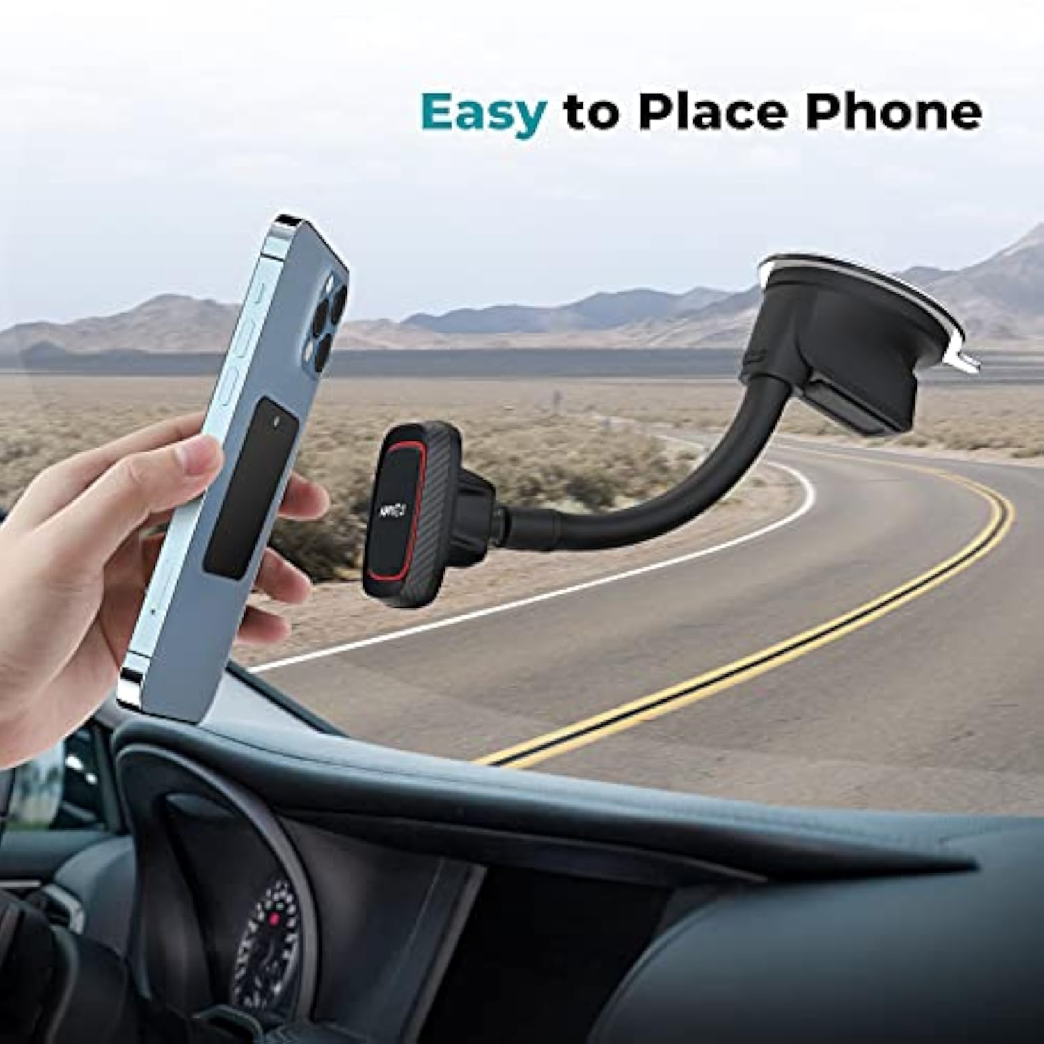 Magnetic Phone Holder For Car, Dashboard Windshield Phone Holder Mount With Flexible Arm & Built-In Strong Magnets, Suction Cup Phone Holder For Car Compatible With All Smartphones