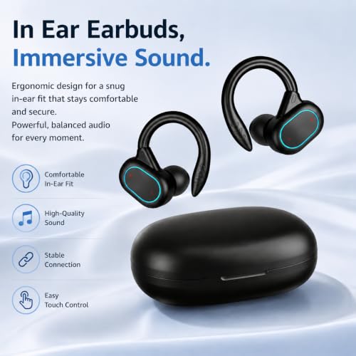 Wireless Earbuds 28H Battery LED Display Open Ear Clip Headphones,Bluetooth 5.4 Wireless Sports Earbuds IPX5 Sweatproof Low Latency Gaming Headset