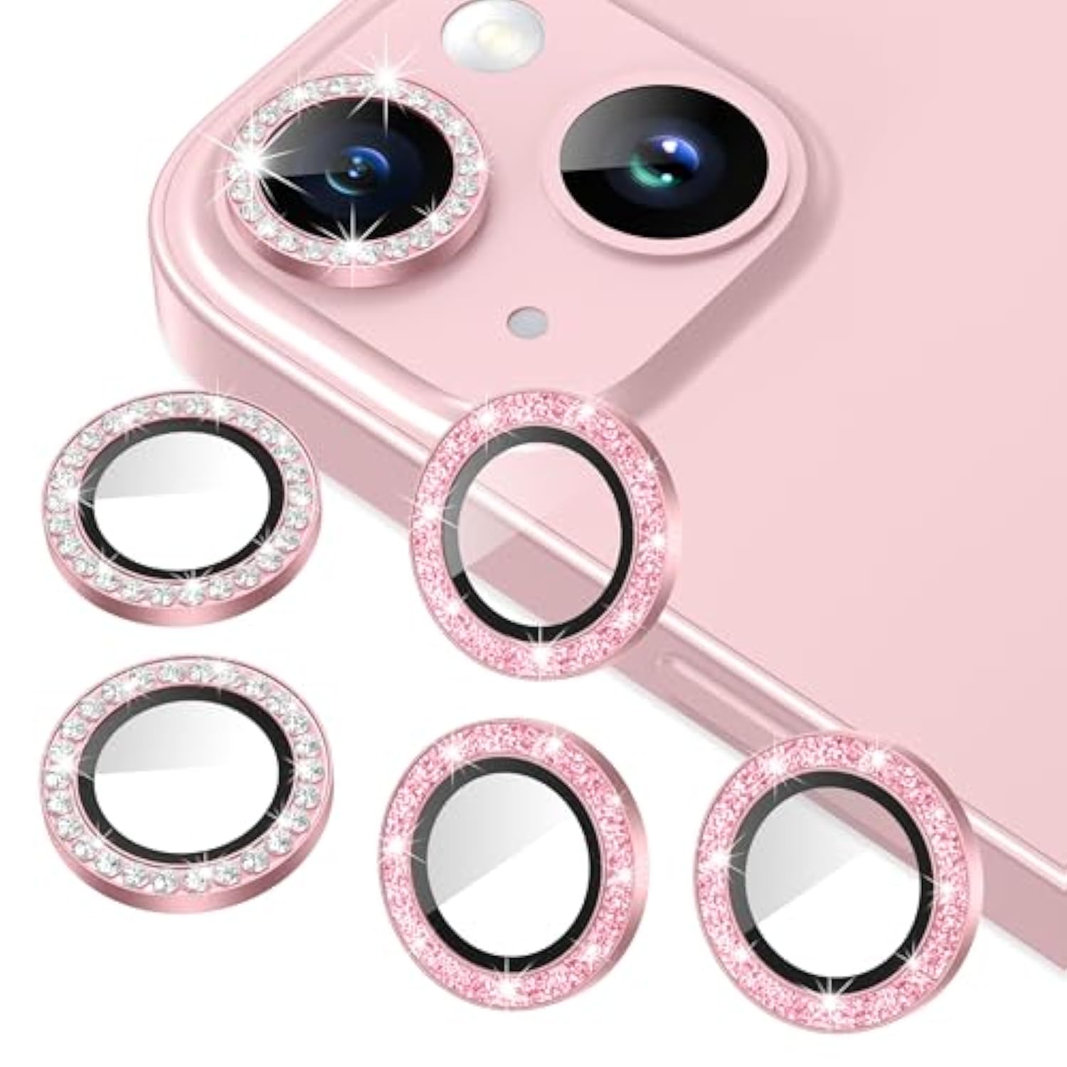 6 Pack iPhone 15 15 Plus Camera Lens Protector Bling Pink 9H Tempered Glass