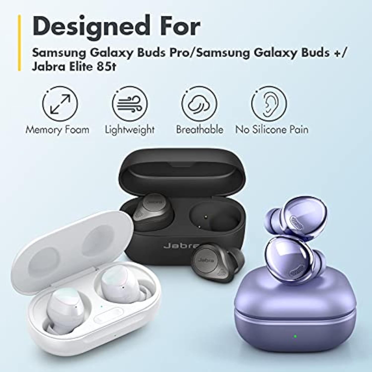 Memory Foam Tips For Samsung Galaxy Buds Pro/Plus, No Silicone Eartips Pain, Anti-Slip Replacement Ear Tips, Fit In The Charging Case, Reducing Noise Earbuds, 3 Pairs (Assorted Sizes S/M/L, Black)