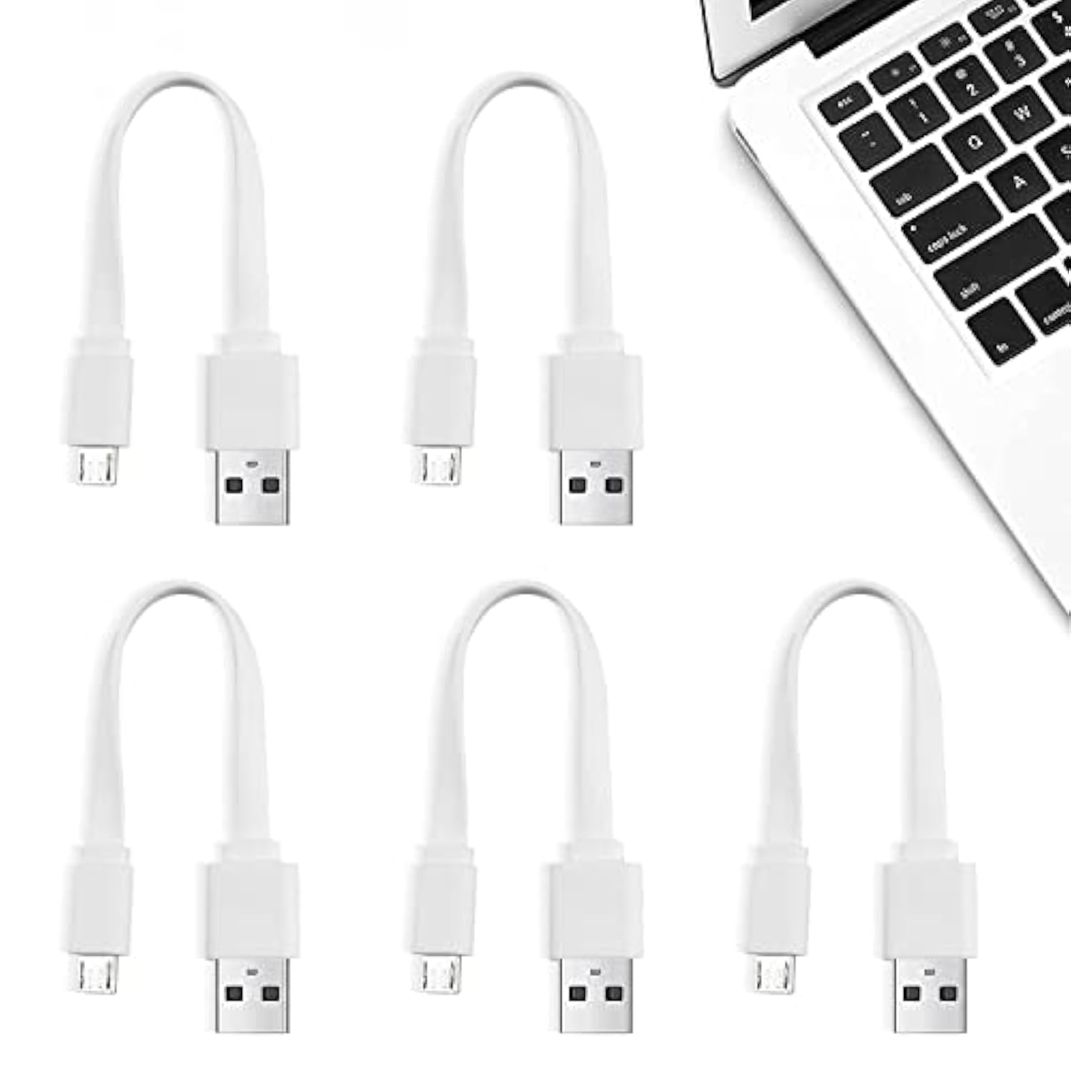 6-Inch Short Flat White Micro USB Cable - Bulk 5-Pack for Charging and Data Transfer