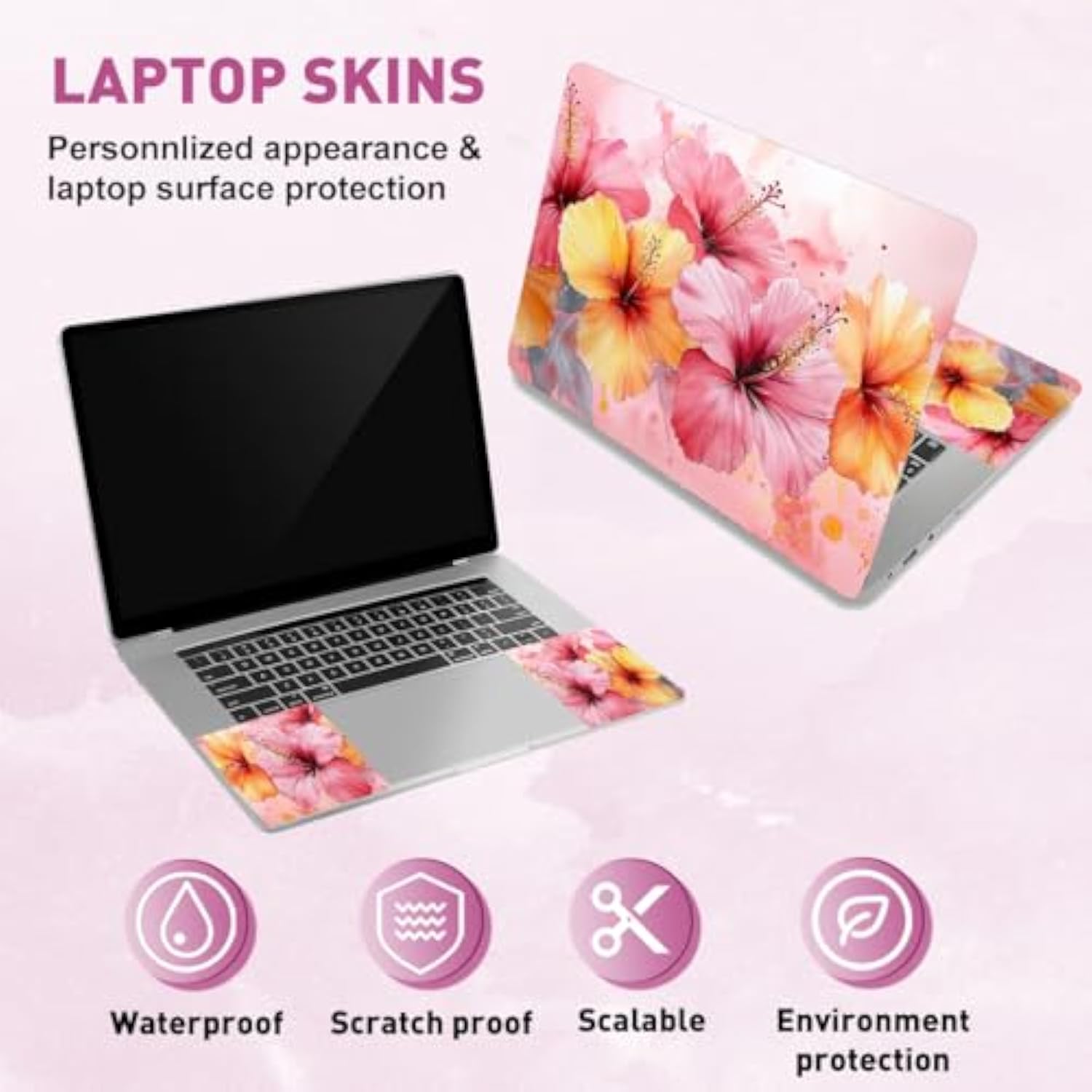 Laptop Skin Sticker Decal, Watercolor Flower Universal Removable Vinyl Skin Cover Fits 12" 13" 13.3" 14" 15" Laptop Notebook Art Protector Pc Personalized Protector Cover Decals