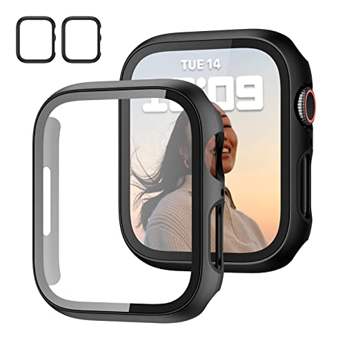 2 Pack Case With Tempered Glass Screen Protector For Apple Watch Series 9/8/7 45Mm, Slim Guard Bumper Full Hard Pc Protective Cover Hd Ultra-Thin Cover For Iwatch 9 8 7 45Mm Accessories,Black