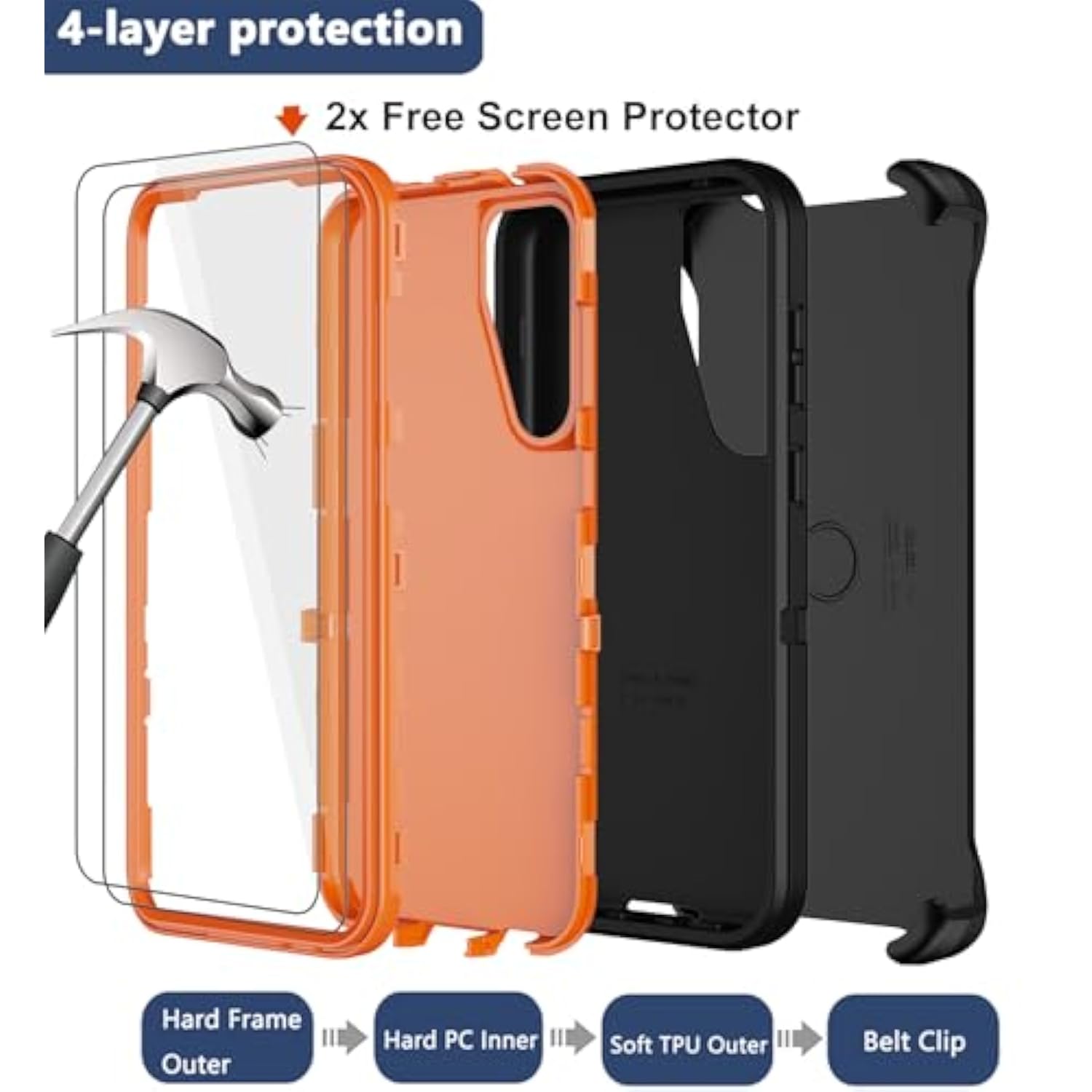 For Samsung Galaxy S24 Case With Belt Clip Holster, 2X Screen Protector, Heavy Duty Military Grade Full Body Shockproof Dust-Proof Rugged Protective Cover For Samsung S24 5G (Orange)