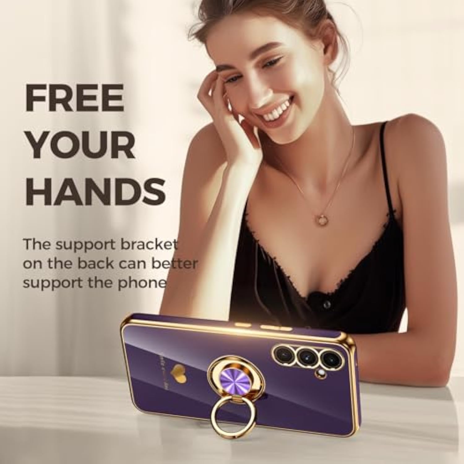 For Samsung Galaxy S23 Fe 5G Case With 2 Pack Screen Protector, 360° Rotatable Ring Holder [Luxury Hearts Pattern] Plating Gold Edge Slim Soft Phone Cover Case For Galaxy S23 Fe - Purple