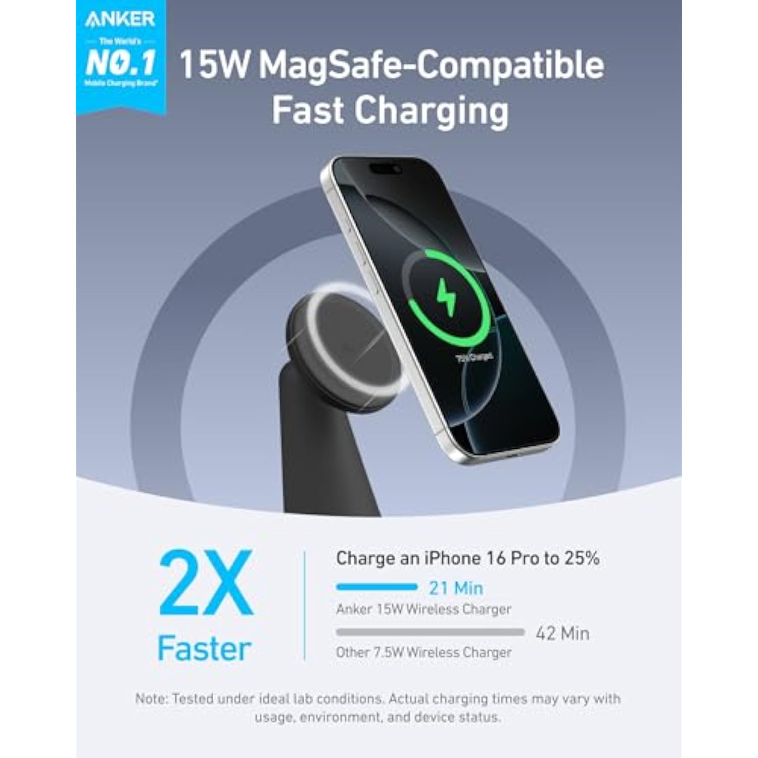 Anker MagSafe Compatible 2-in-1 Charging Stand, iPhone 16 Wireless Charger, Qi2 Certified 15W Ultra-Fast,Adjustable and Super Strong,for iPhone 16/15/14/13/12 Series,AirPods (Black, No Adapter)