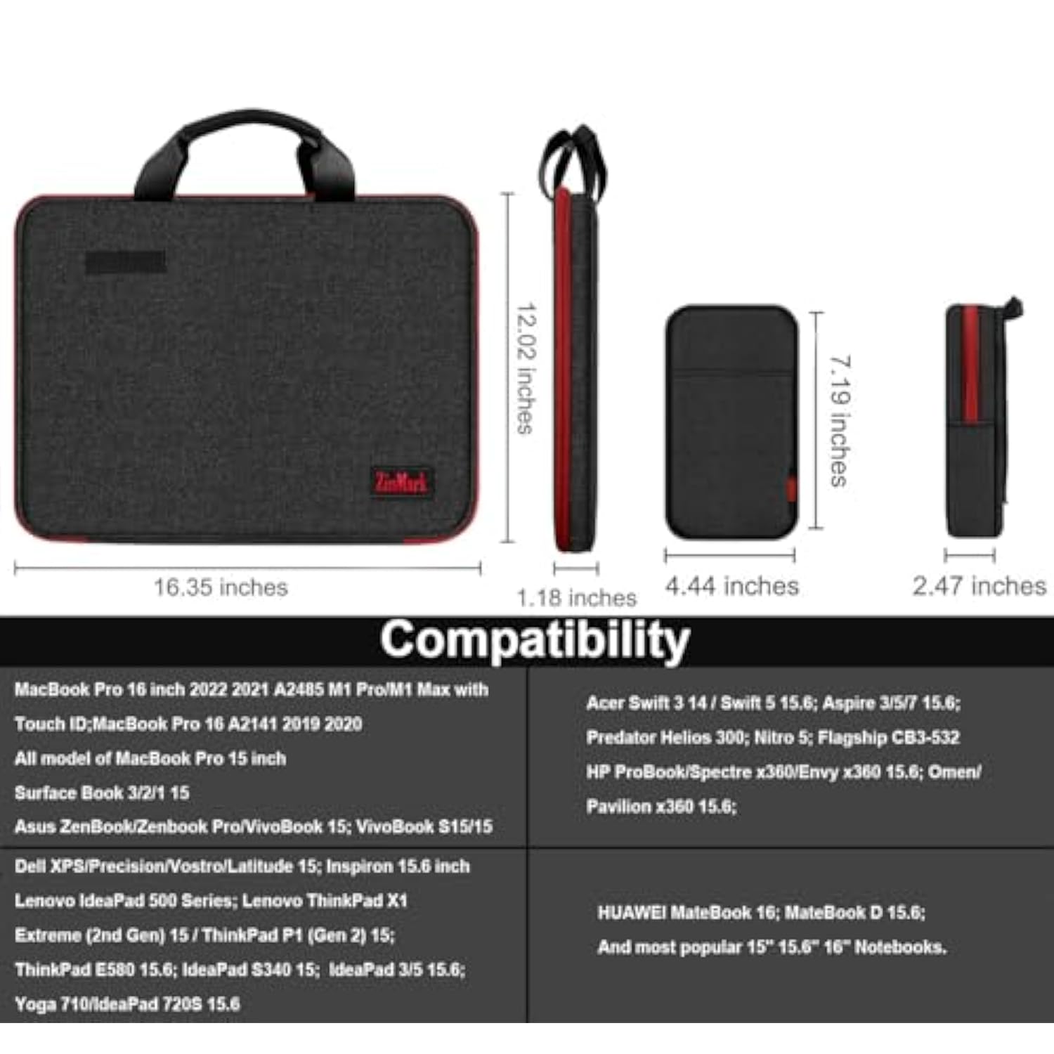 Laptop Case 15.6 Inch Briefcase Military-Grade Protection With Detachable Belt Bag, Compatible All Model Of 15-16 Inch Macbook Pro And Most Popular 15.6 Inch Notebooks Chromebooks (Black Red)