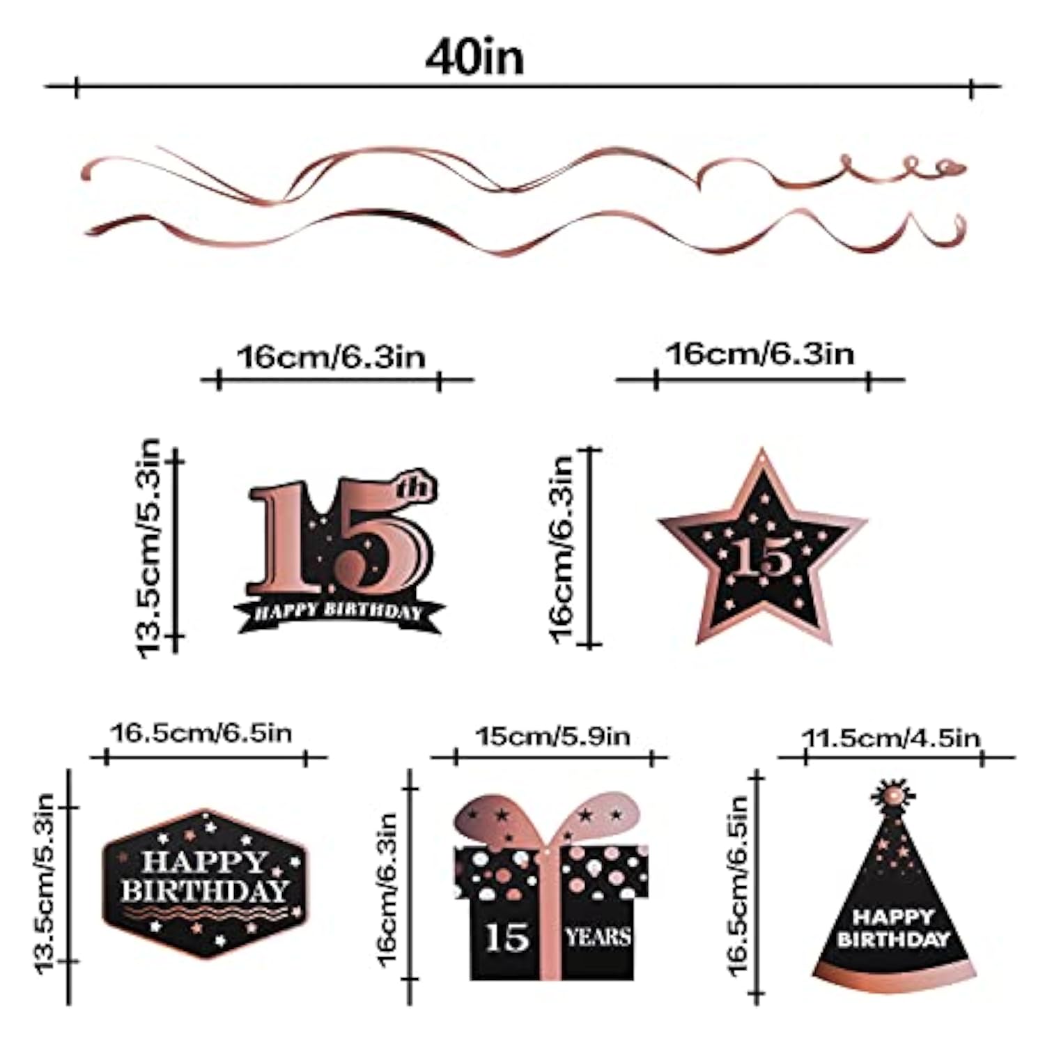 Happy 15Th Birthday Decorations - 12Pcs Birthday Black & Rose Gold Foil Swirls Streamer Set,Cheers To Fifteen Years Old Bday Party Decorations Gift Sign.
