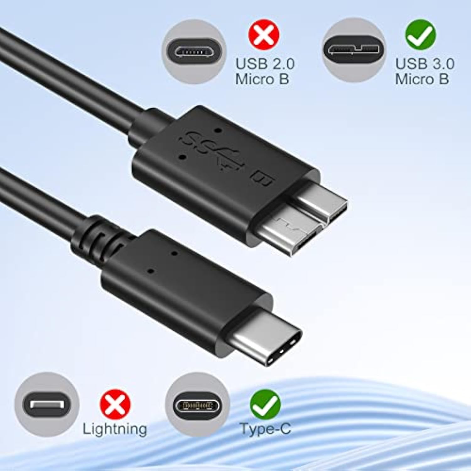 Short Micro B To Usb C Cable, 8 Inch External Hard Drive Cord Usb 3.1 Gen1 Fas