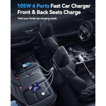 105W 6-Port Multiport Car Charger, Pd Fast Usb C Car Charger For Multiple Devices, Cigarette Lighter Adapter Car Travel Essentials For Road Trips With 5Ft Cable For Iphone 16/15, Samsung S25