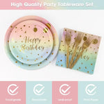96Pcs Happy Birthday Plates And Napkins Party Supplies, Colorful And Gold Disposable Paper Plates And Napkins With Forks Tableware Set For 24 Guests