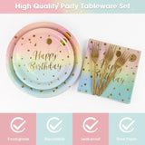 96Pcs Happy Birthday Plates And Napkins Party Supplies, Colorful And Gold Disposable Paper Plates And Napkins With Forks Tableware Set For 24 Guests