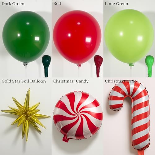 143Pcs Christmas Tree Balloon Arch Garland Kit with Dark Lime Green Red Star Cane Candy Balloons for Christmas Party Decoration, Holiday Birthday Supplies, Xmas Balloon Garland