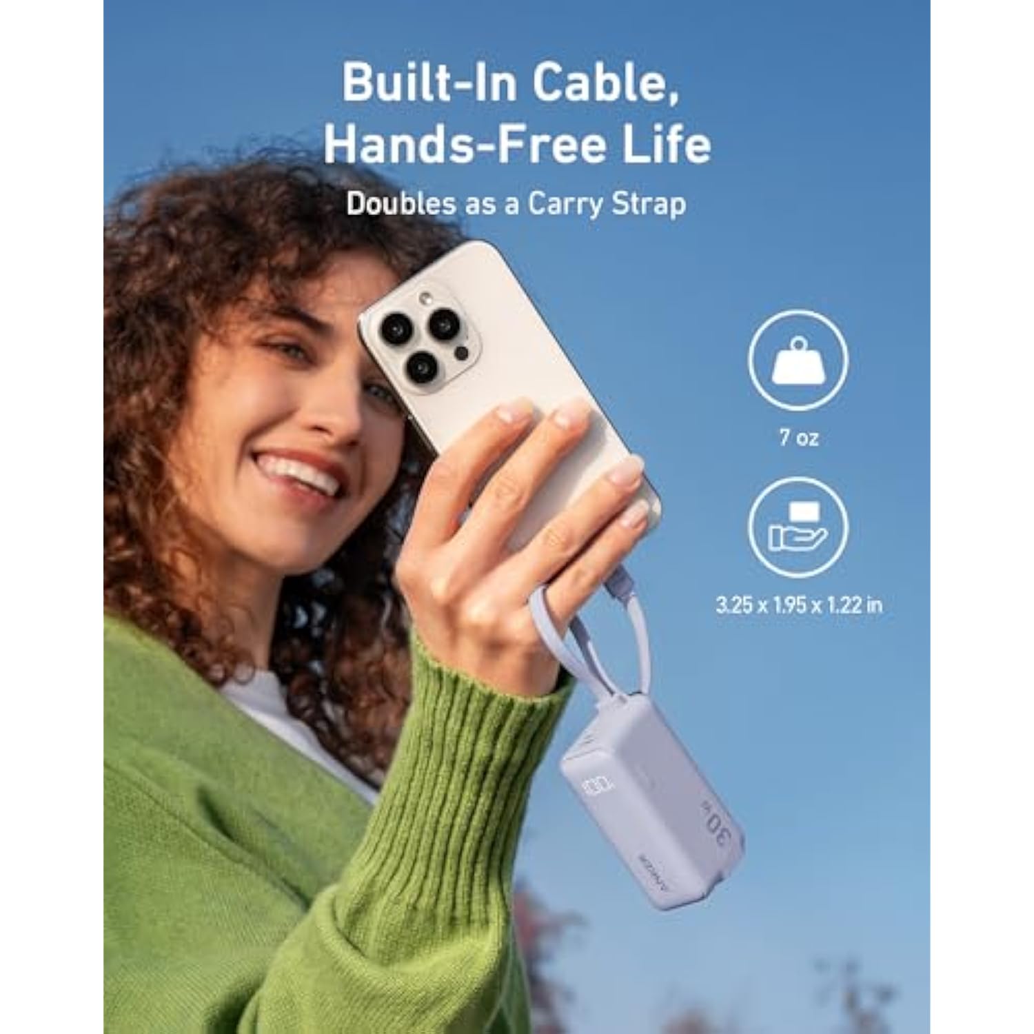 ANKER Power Bank USB C Charger Block, 3-in-1 5,000mAh Portable Charger with Built-in USB-C Cable and Foldable AC Plug, 30W Max Compact Battery Pack, for iPhone 15 Series, Galaxy, MacBook, and More