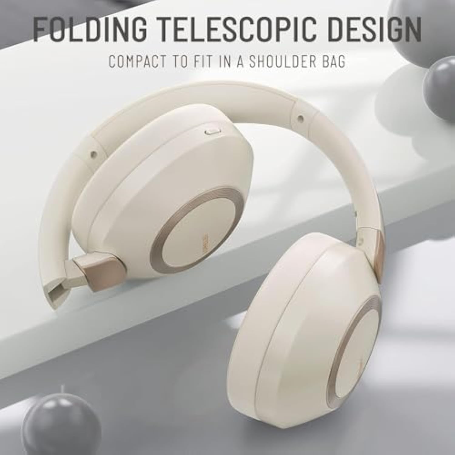 Bc6 Wireless Over Ear Headphones, 50H Playtime Foldable Lightweight Bluetooth Headsets, Deep Bass, Builtin Microphone, Memory Foam Earmuff, For Travel, Home Office (Beige White)