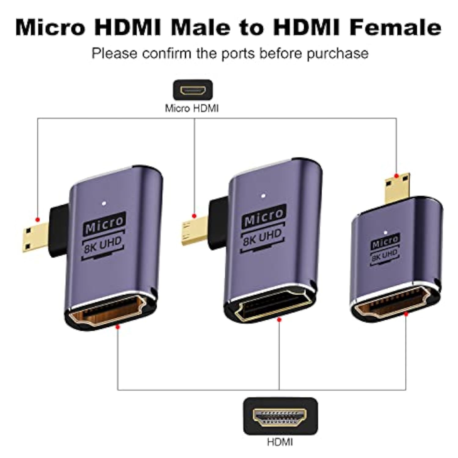 8K Micro Hdmi To Hdmi Adapter (3 Pack), 90 Degree Left And Right Angle Micro H