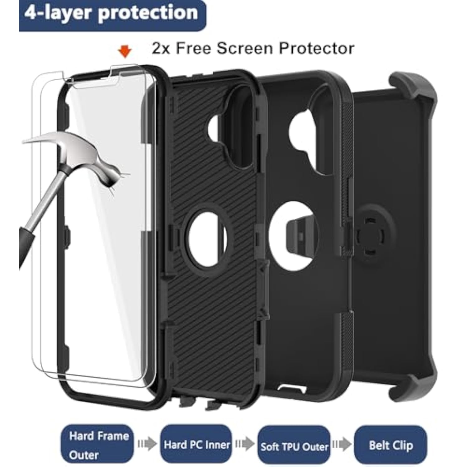 For Iphone 16 Plus Phone Case,Military Grade Drop Protection Cell Phone Cover With Belt Clip Holster Stand,Screen Protector X2 Rugged Shockproof Kickstand For Iphone 16 Plus Case 6.7” (Black)