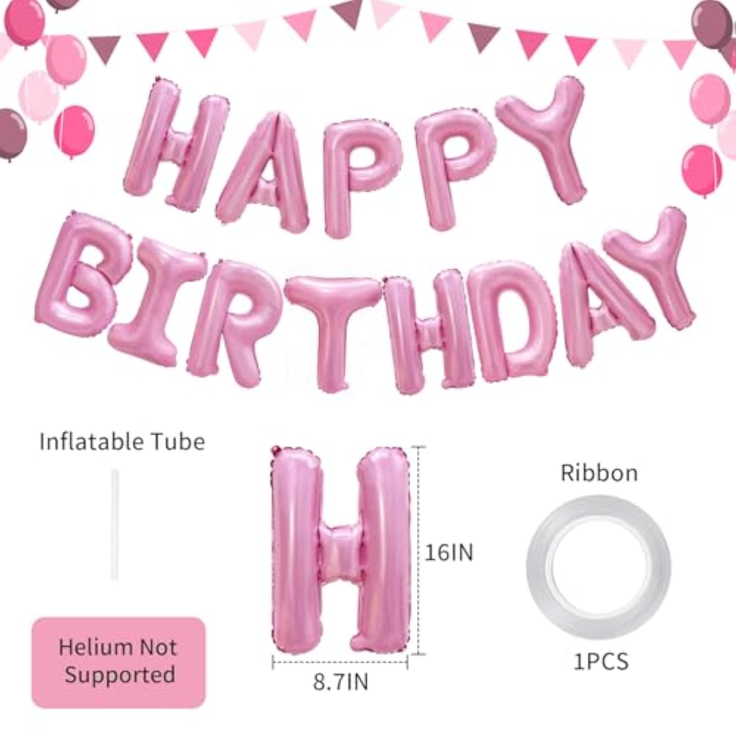 16" Pink Happy Birthday Balloon Banner – Party Decoration for Women & Girls’ Birthday Celebrations