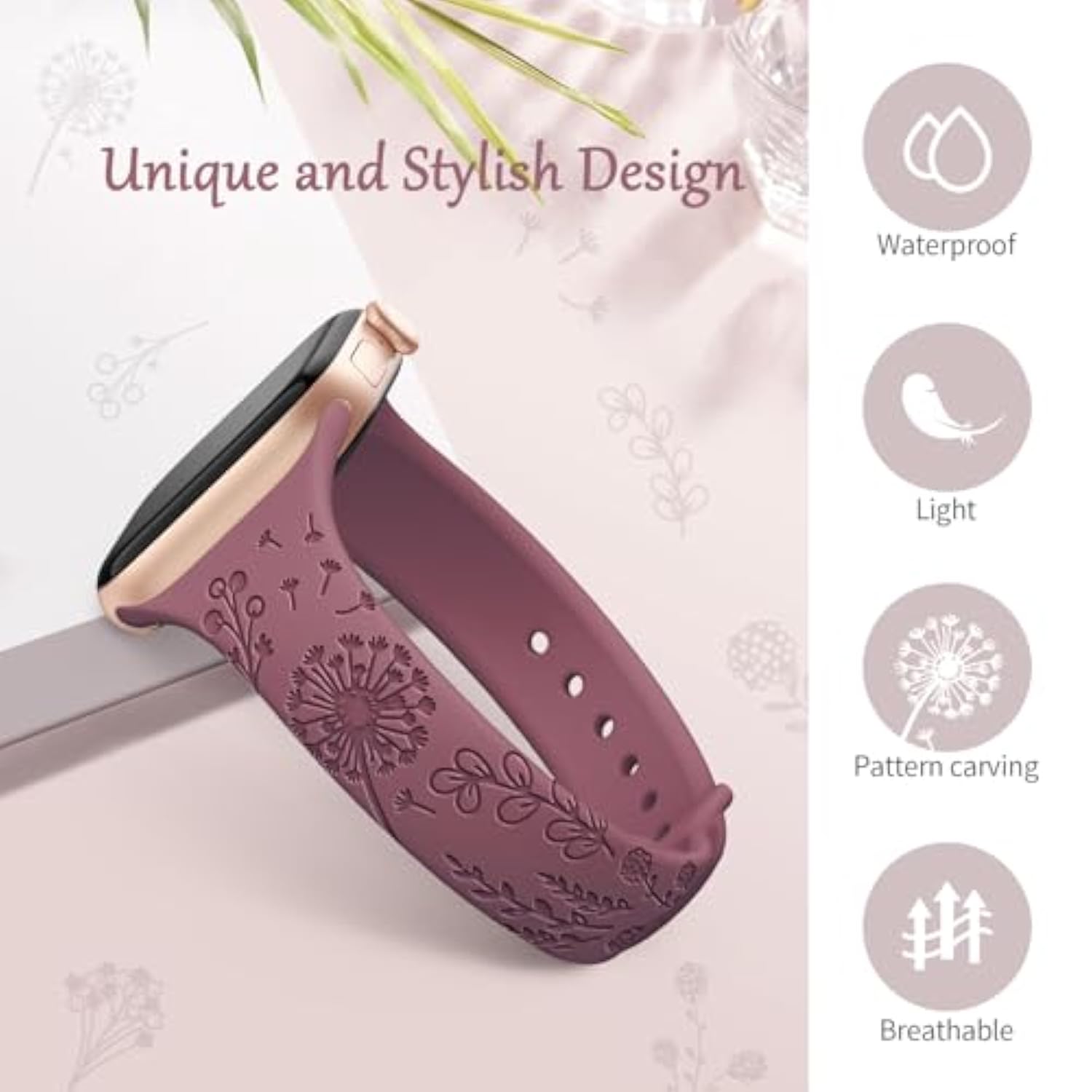 6 Pack Slim Floral Engraved Bands Compatible With Apple Watch Band 40Mm 41Mm 42Mm 38Mm 44Mm 45Mm 46Mm 49Mm For Women,Cute Silicone Sport Strap For Iwatch Series 10 Ultra 9 8 7 6 5 4 3 2 1 Se
