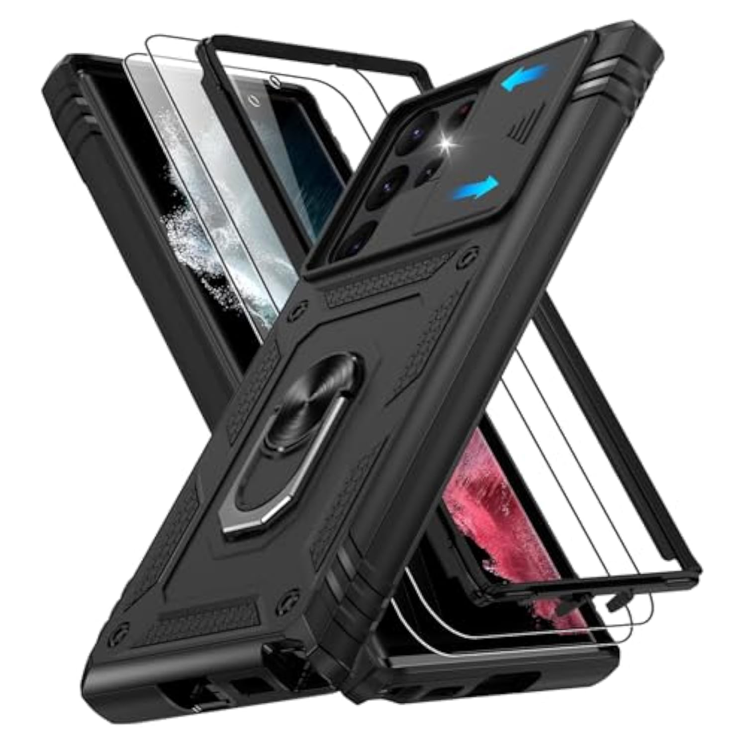 For Samsung Galaxy S22 Ultra Case With Slide Camera Cover & Screen Protector*2, S22 Ultra Case Build In 360° Rotating Ring Kickstand, Military Grade Protective Case For Galaxy S22 Ultra Case, Black